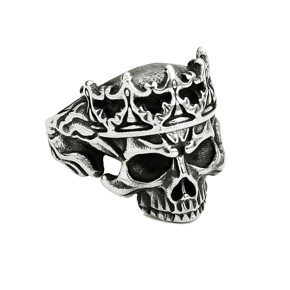 Bague en acier inoxydable avec tête de mort et couronne