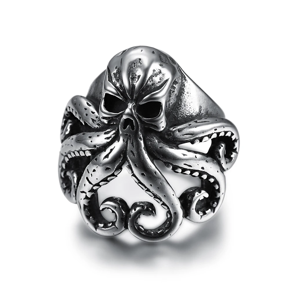 bague en acier inoxydable avec tête de mort et pieuvre