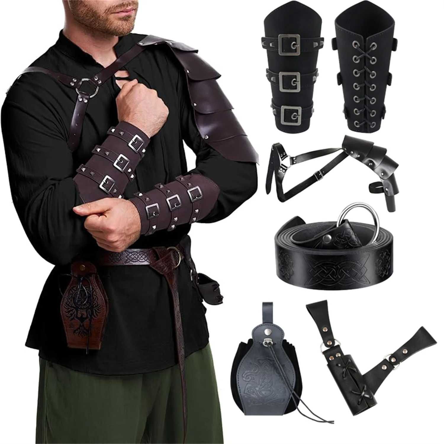 Costume d'homme pirate en similicuir noir avec lacets ajustables